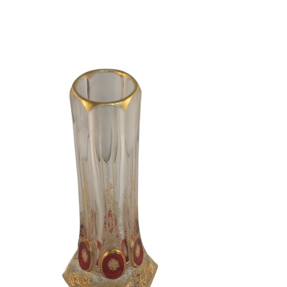 Antique Bohemian Crystal Bud Vase Clear Red Gold Etched Floral Design 9.75" Tall - Picture 12 of 13